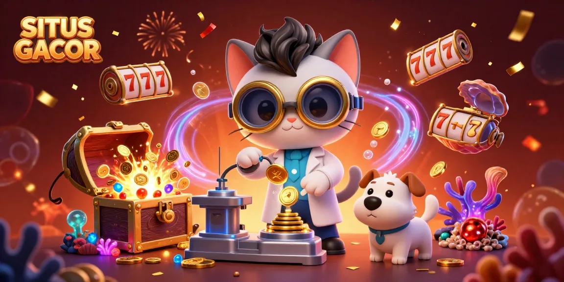SITUS GACOR celebrates online slot gaming with cartoon characters and vibrant casino elements.