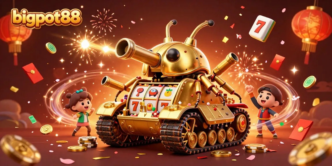 Play with excitement at bigpot88's vibrant casino scene showcasing unique game elements and festive celebrations.