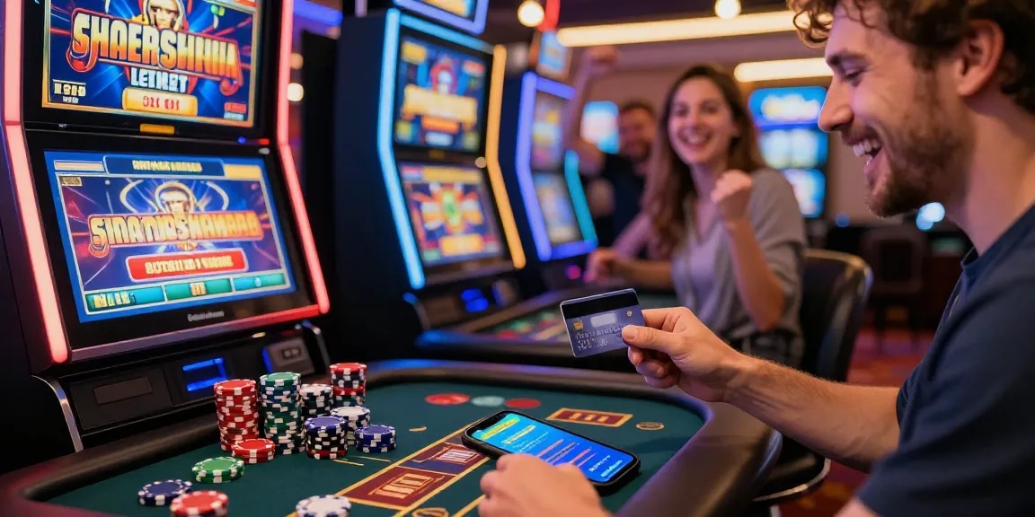 Exciting moment at casinos that accept credit cards, showing a player enjoying gaming with friends and easy deposits.