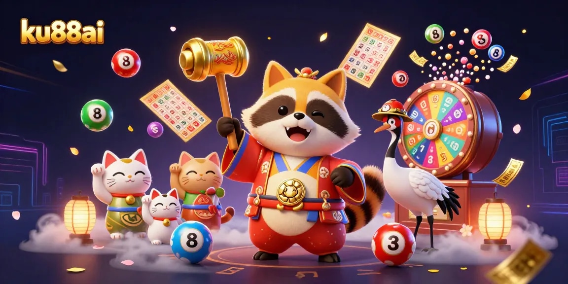 ku88ai showcases a joyful tanuki and fortune cats amidst vibrant lottery elements and gold confetti.