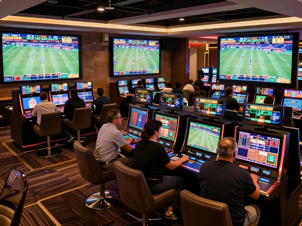 LC88 patrons engaging in dynamic sports betting at a modern lounge, highlighting excitement and interaction.