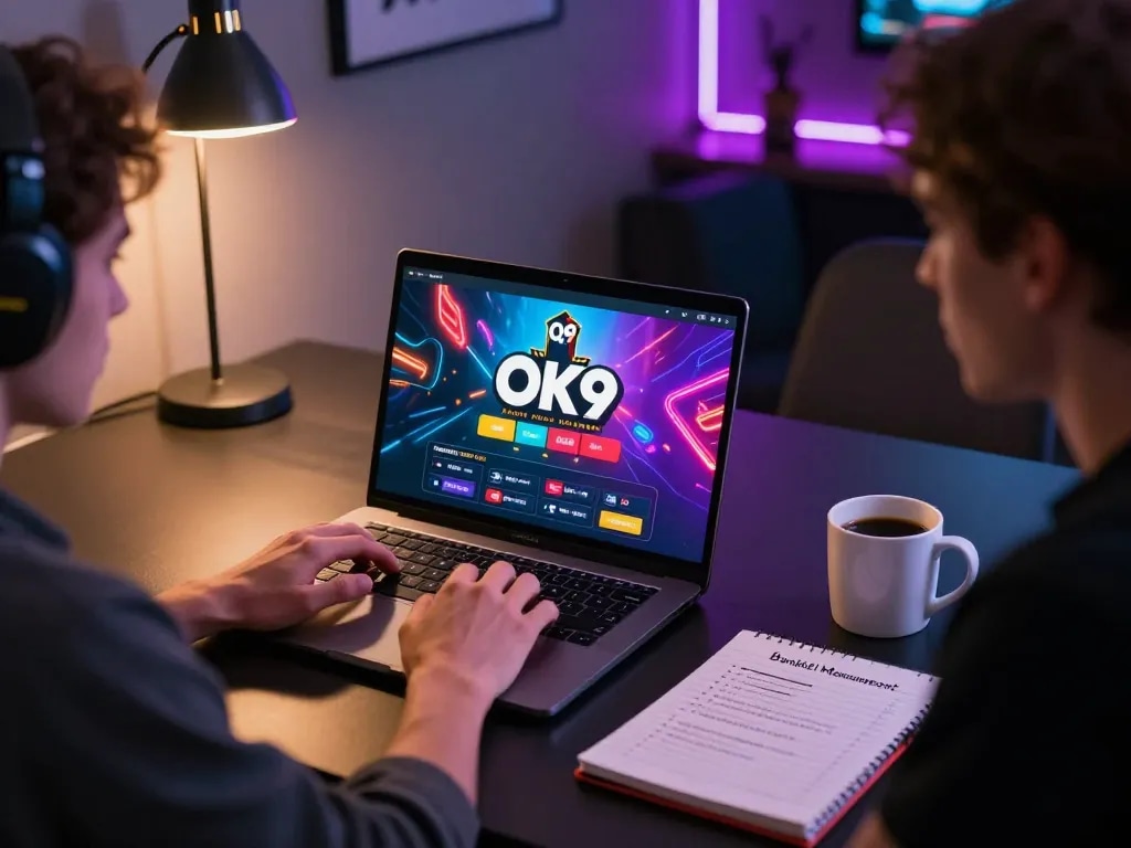 Player engaging with online casino games on OK9 platform at home, showcasing strategic gaming setup.