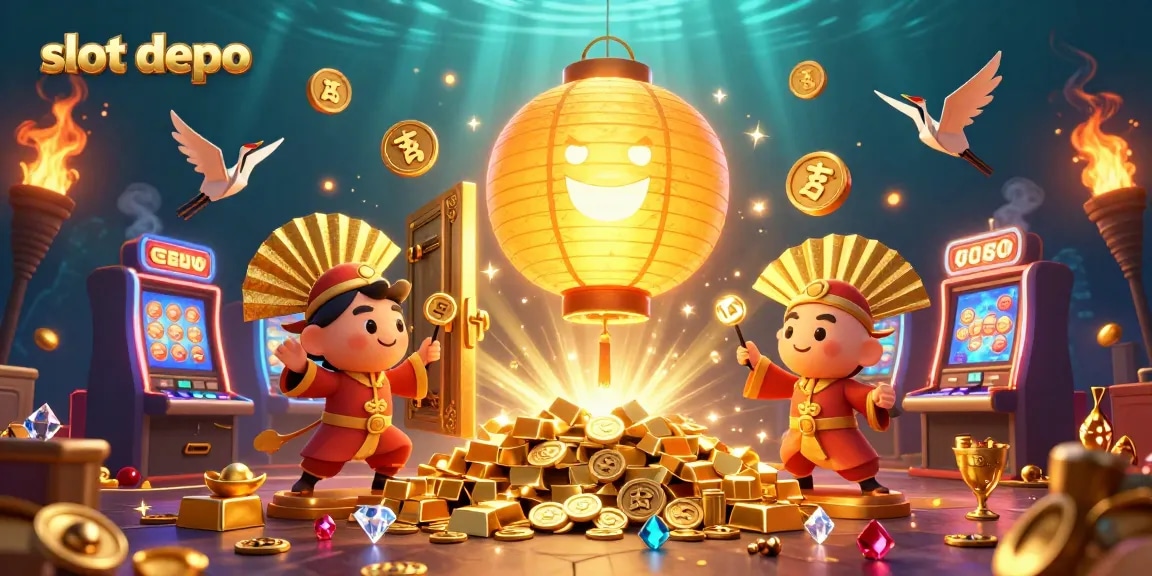 Win big at slot depo with vibrant 3D illustration featuring golden treasures and lively characters.