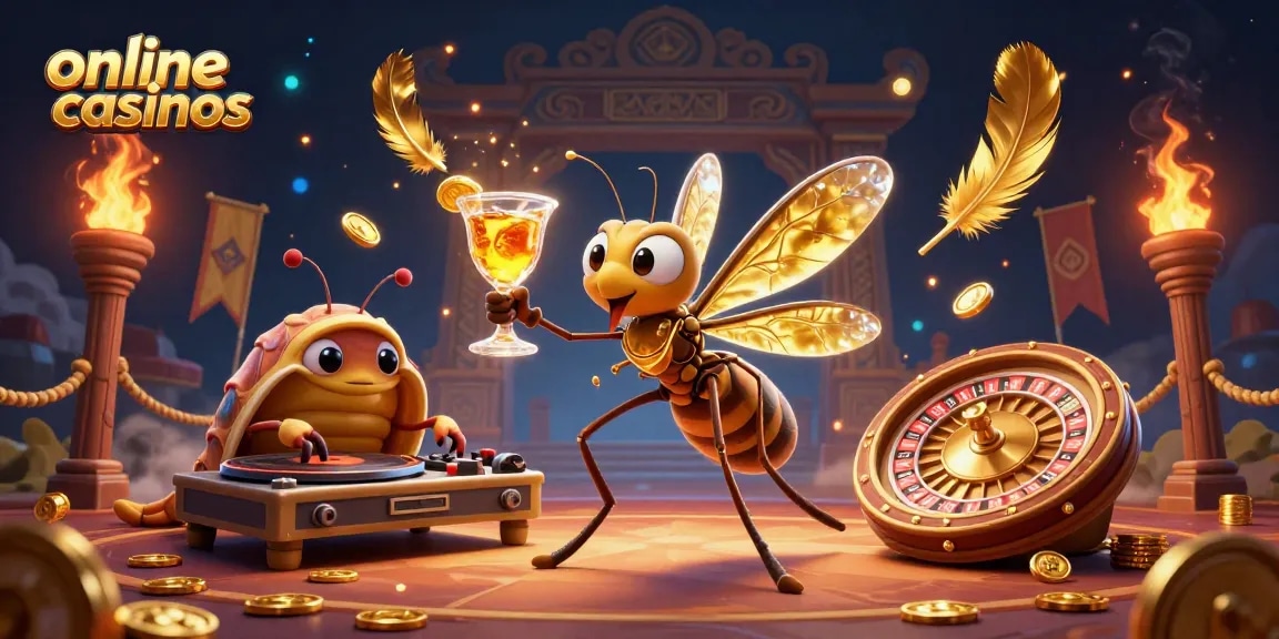 Experience thrilling online casinos with a vibrant 3D scene featuring a casino mascot and a trilobite DJ.