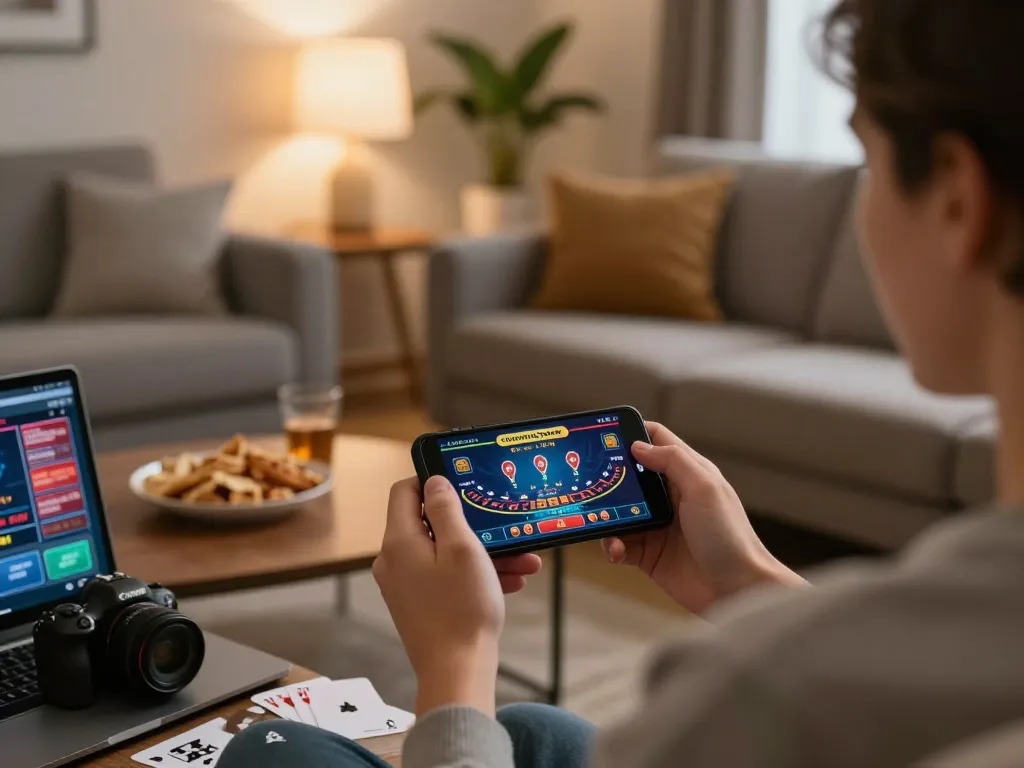 Engaging with online casinos in Canada reddit through a smartphone while enjoying a cozy home setup.