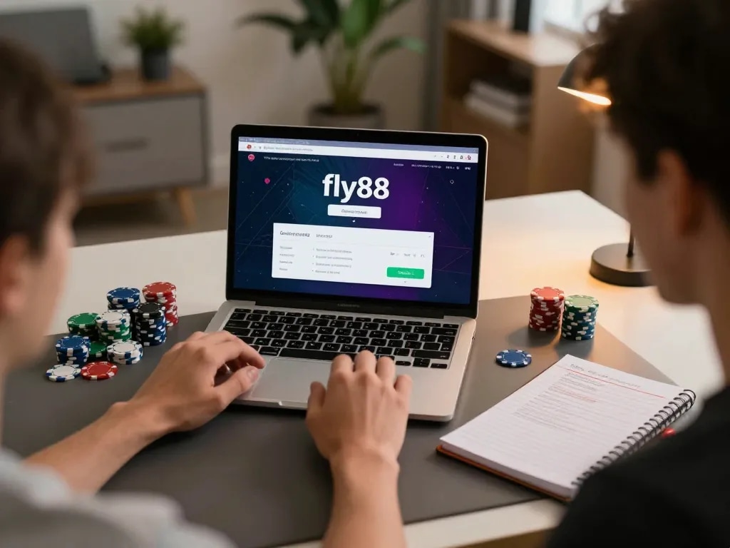 Player enjoying fly88 đăng nhập on a laptop at home, surrounded by poker chips and gaming notes.