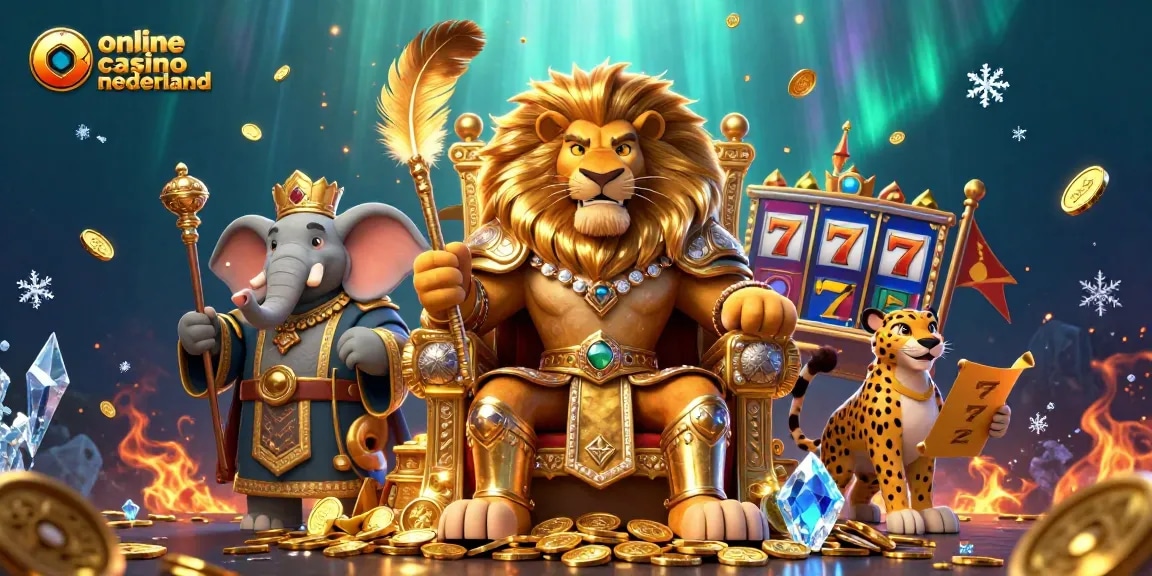 Experience the excitement of online casino nederland with a vibrant 3D illustration of a lion king and characters.