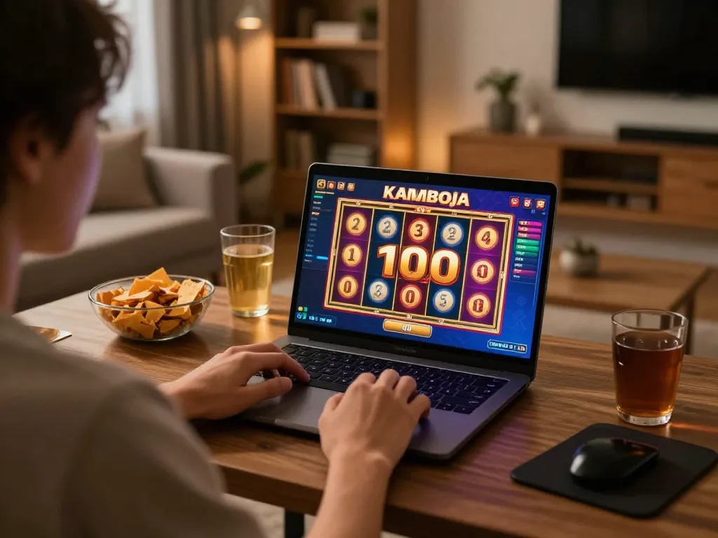 Engaging gameplay on slot kamboja bet 100 with vibrant graphics in a cozy home setting.