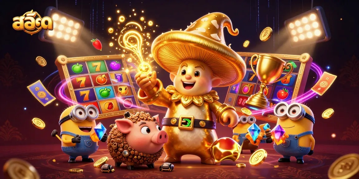 Engage in สล็อต adventures as a golden mushroom wizard transforms luck under vibrant slot reels.