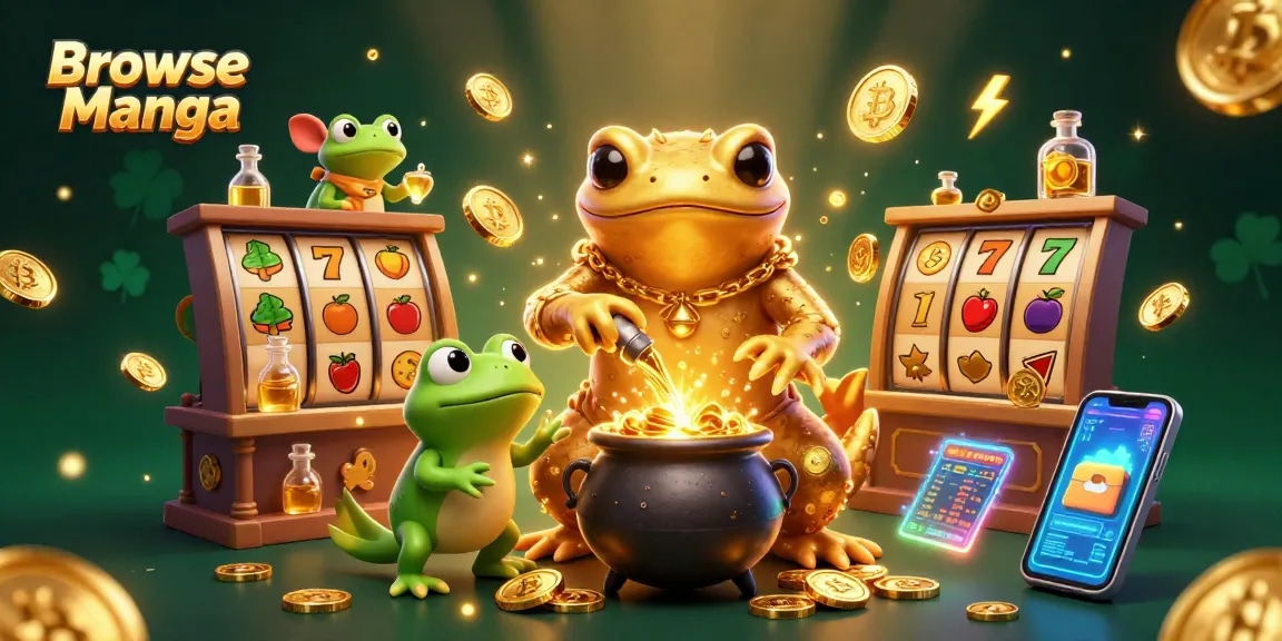 Browse Manga features an enchanting 3D scene with a golden salamander alchemist surrounded by gambling symbols.