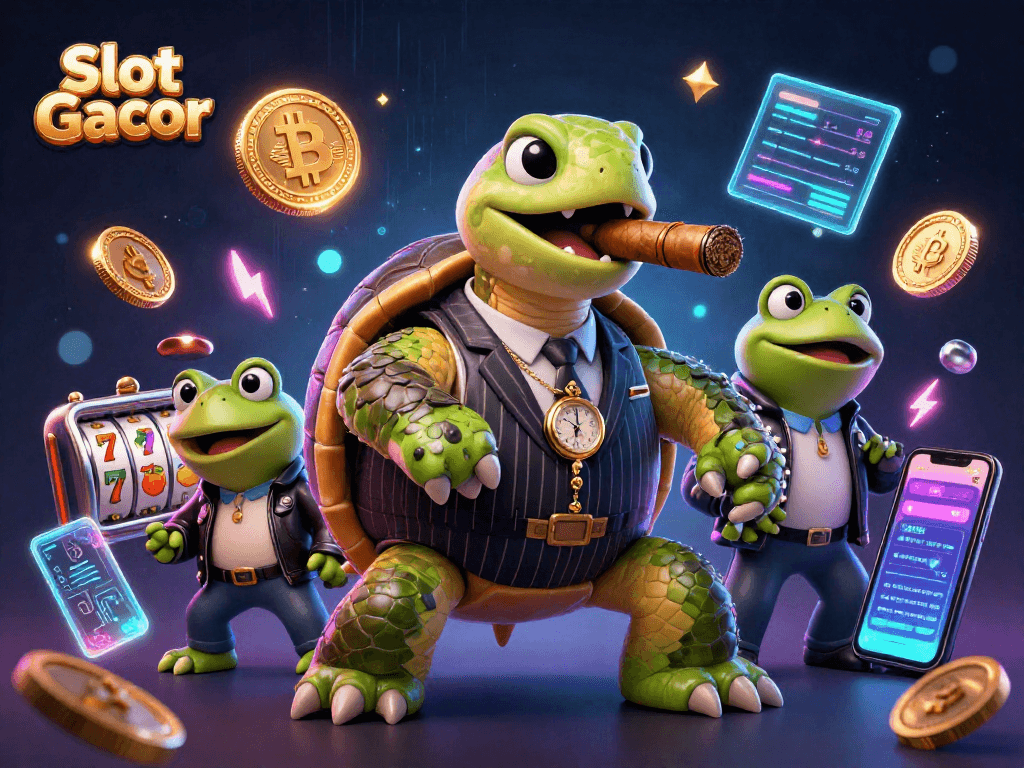 Spin with Slot Gacor as a turtle in a mobster suit lights up the casino floor with crypto flair.