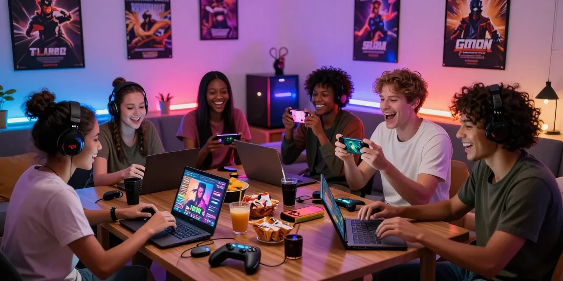 Gamers enjoying free hentai games in a lively living room filled with gaming devices, snacks, and vibrant lighting.