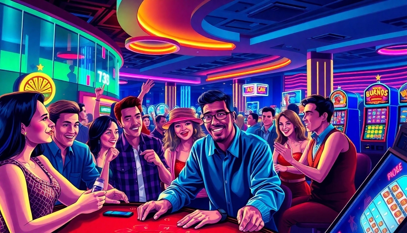Experience the thrill of a Non Uk Casino, featuring players celebrating wins in a vibrant environment.
