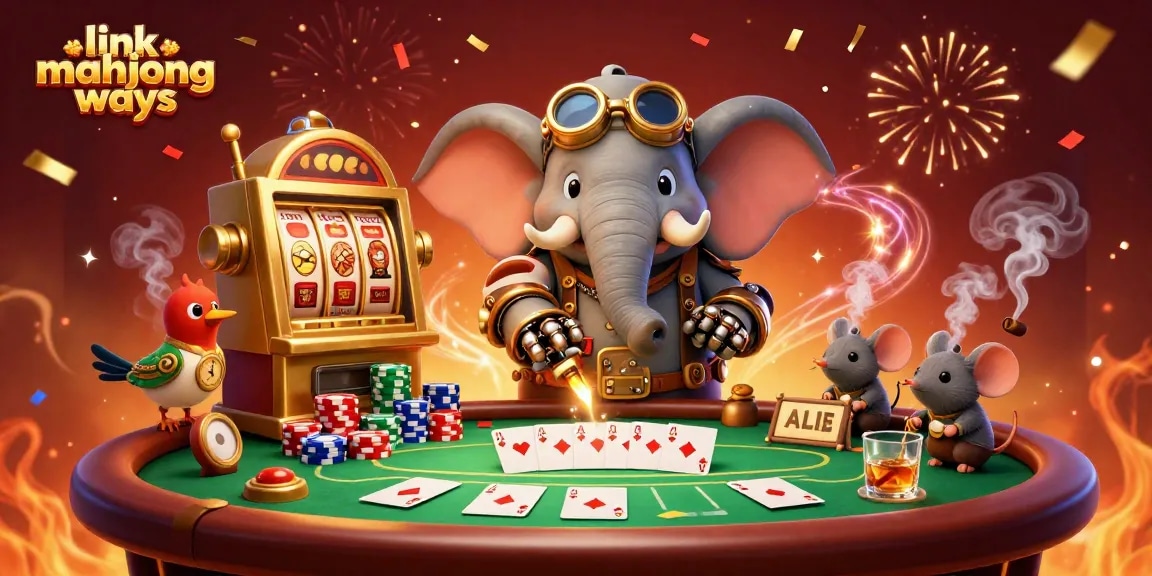 Engage with link mahjong ways in this vibrant, detailed casino scene featuring steampunk elements and action.