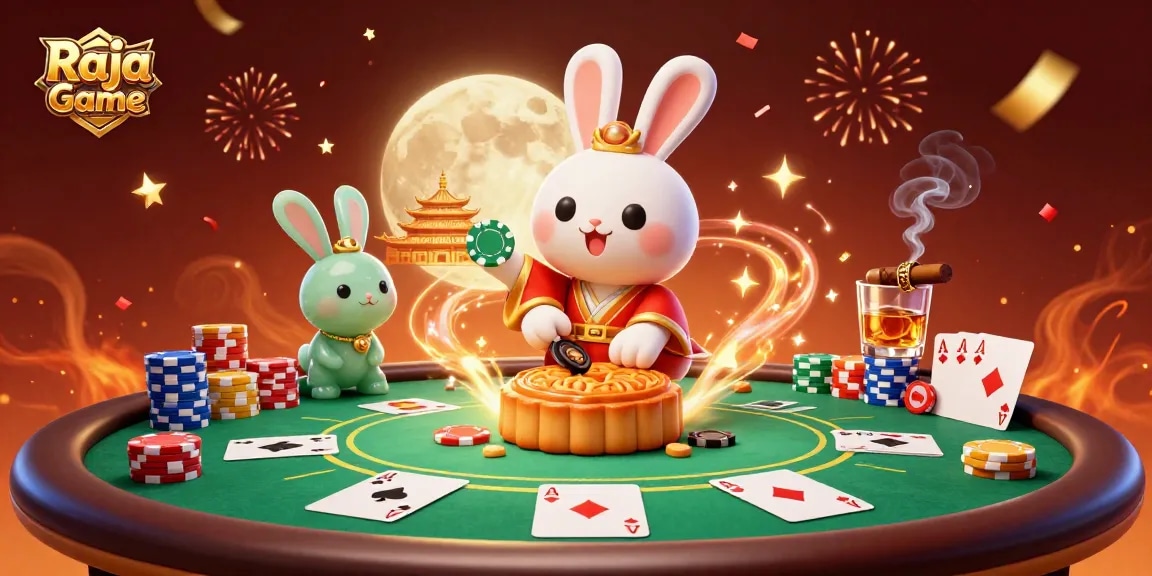 Play exciting games at Raja Game, featuring a vibrant 3D scene with characters and poker elements.