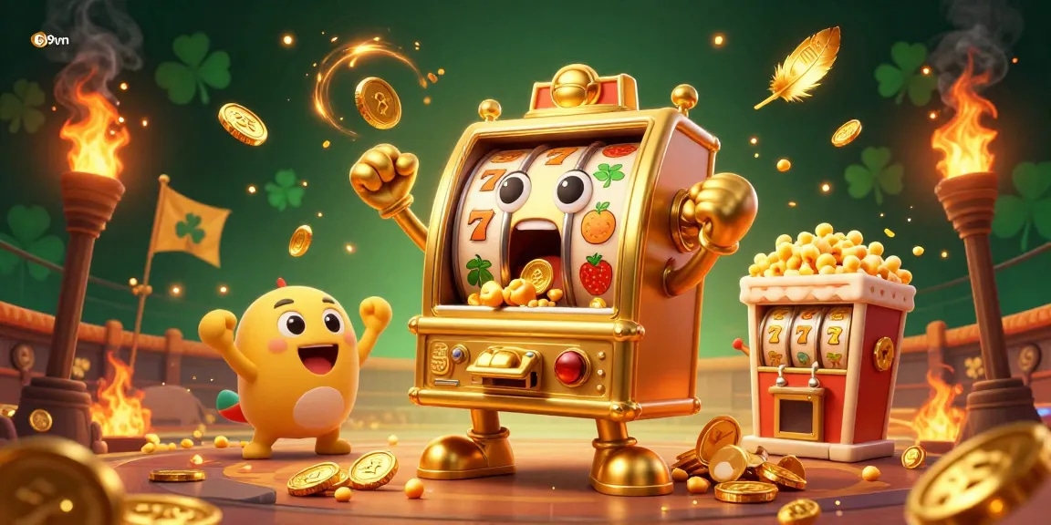 Join the jackpot celebration of 69vn with a golden slot machine and cheering characters.