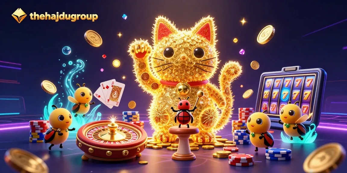 Engage with thehajdugroup's immersive casino world featuring vibrant illustrations of a lucky cat and gleaming coins.