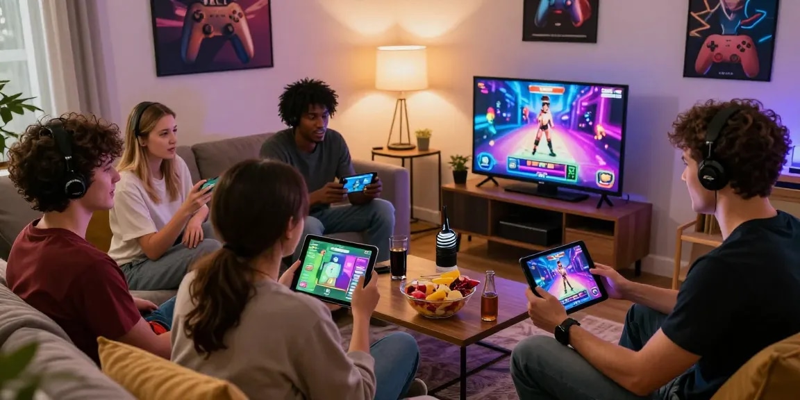 Friends playing a sex game in a cozy living room with colorful devices and snacks.