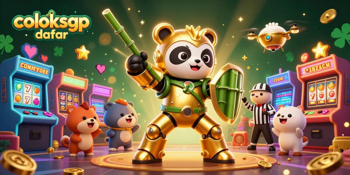 Engage with coloksgp daftar at the vibrant arcade casino scene featuring a golden panda in a mech robot.