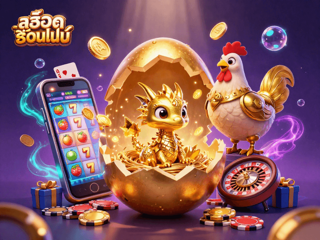 Experience the thrill ofสล็อตออนไลน์ with a golden dragon surrounded by vibrant slot games and casino elements.