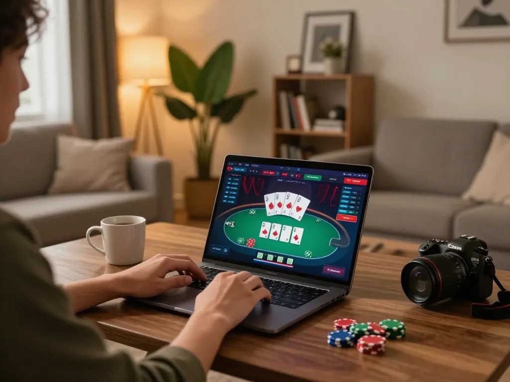 Player enjoying an online poker game at home on their laptop with cozy surroundings, focusing on f168.