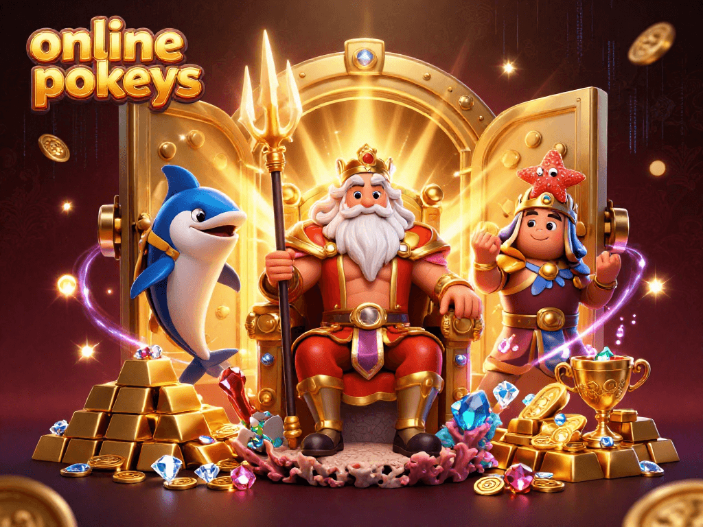 Play online pokies with king Neptune, treasures, and vibrant casino elements in 3D.