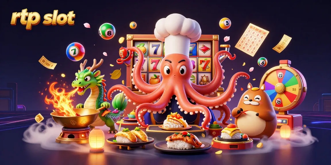 Experience the thrilling rtp slot game scene with a chef octopus, playful dragon, and tanuki at the casino.
