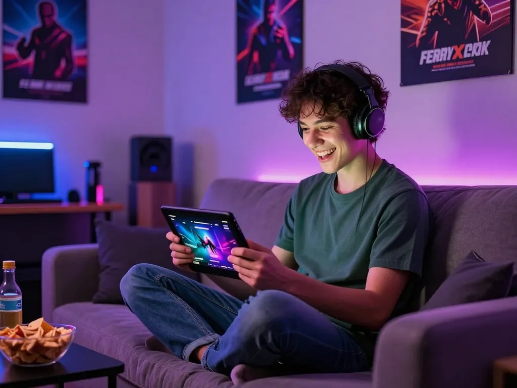 Play porn games in a cozy gaming room, enjoying interactive adult entertainment with snacks and vibrant lights.