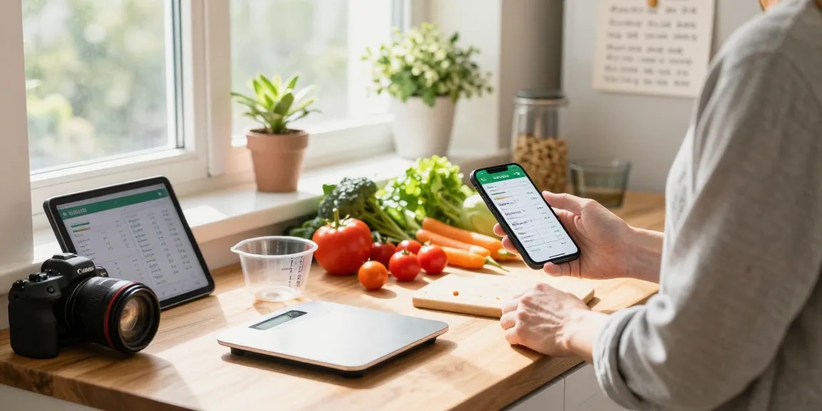Using the best calorie tracking app for meal preparation in a bright kitchen.