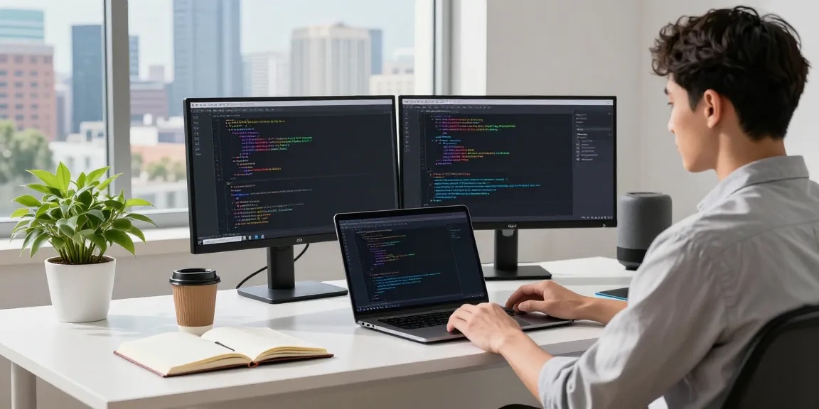 Modern tech workspace illustrating 纸飞机中文版 coding environment with dual monitors and productivity elements.