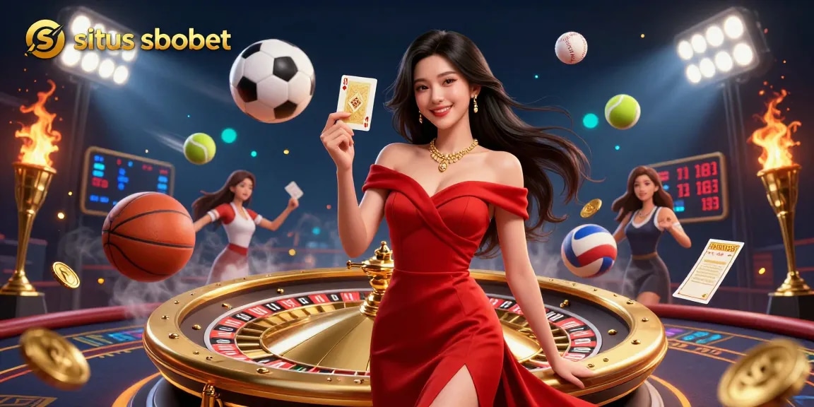 Situs sbobet-enabled sports betting scene featuring a confident woman holding a golden card and dynamic game elements.