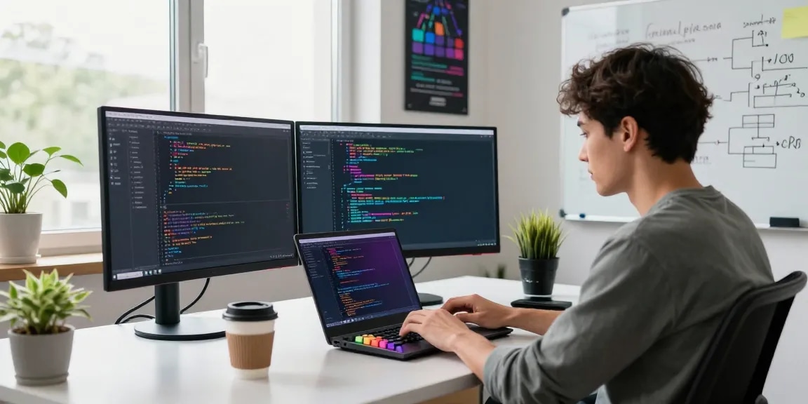 Developer at a tech workspace focusing on coding with multiple screens, showcasing 纸飞机中文版 applications.