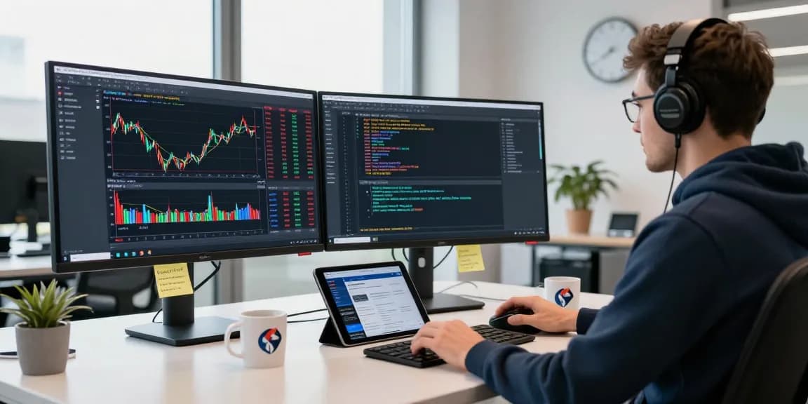 Integrating Frankfurt exchange data feed into a trading platform with real-time stock charts on dual monitors in a tech workspace.