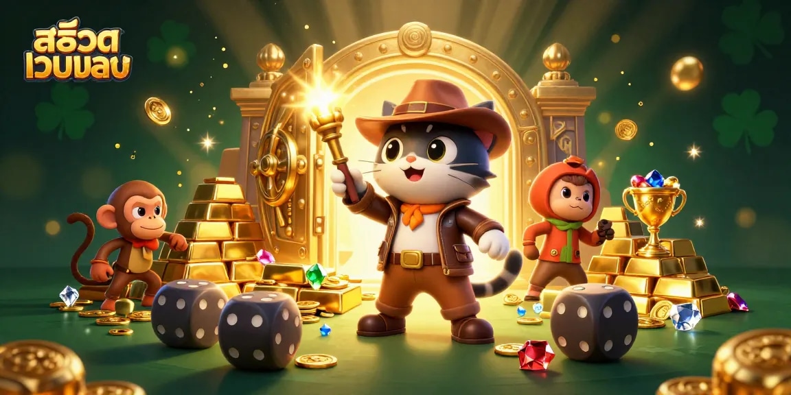 Engage with สล็อตเว็บตรง in an exhilarating 3D adventure illustration featuring an archaeologist cat and monkey.