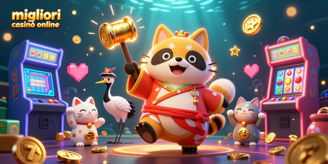 Un tanuki allegro celebra con un maneki-neko nel mezzo del divertimento vibrante del casinò, rappresentando i migliori casinò online.