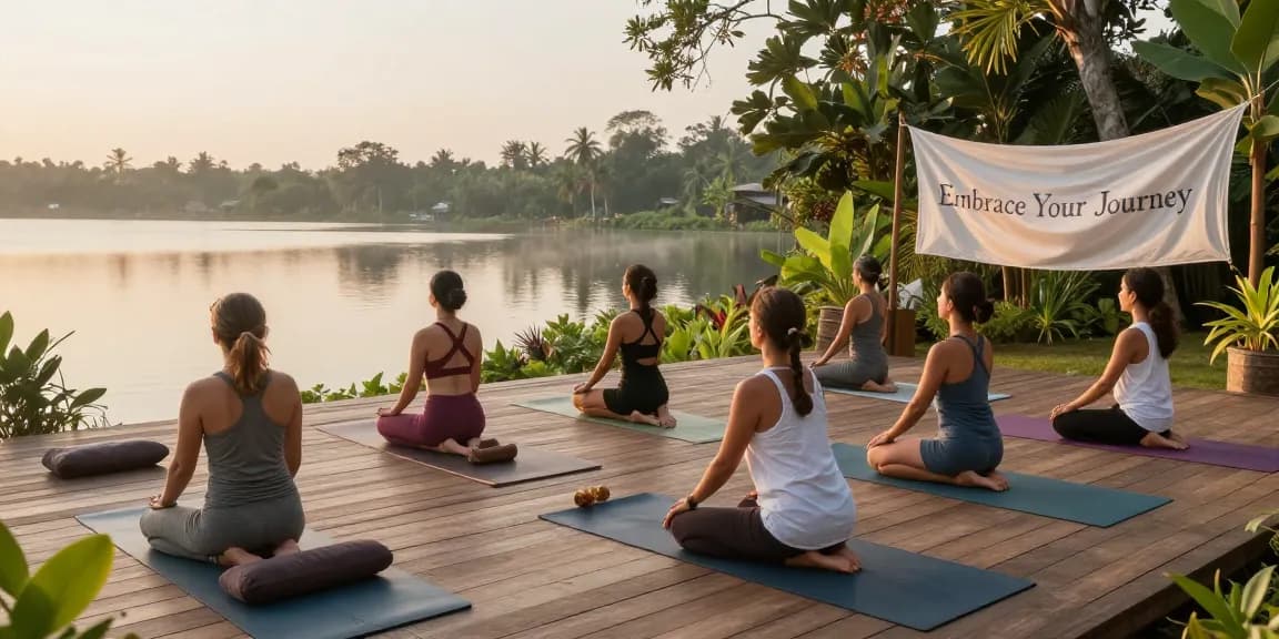Students engaged in yin yoga teacher training in Sri Lanka, practicing on the serene lakeside deck.