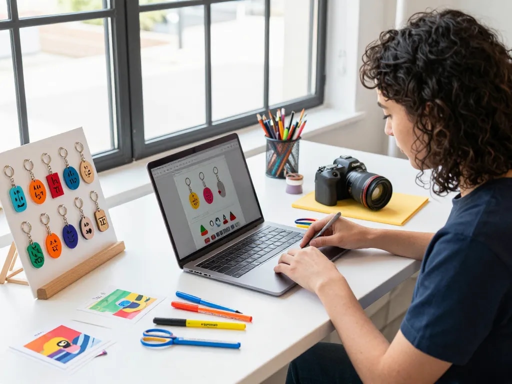 Customized keychains design process in a bright workspace, showcasing creativity and colorful samples.