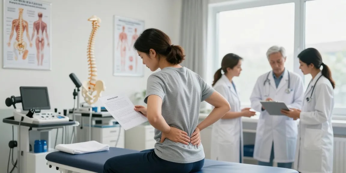 Bel fıtığı ameliyatı discussed in a modern clinic with healthcare professional and patient interaction.