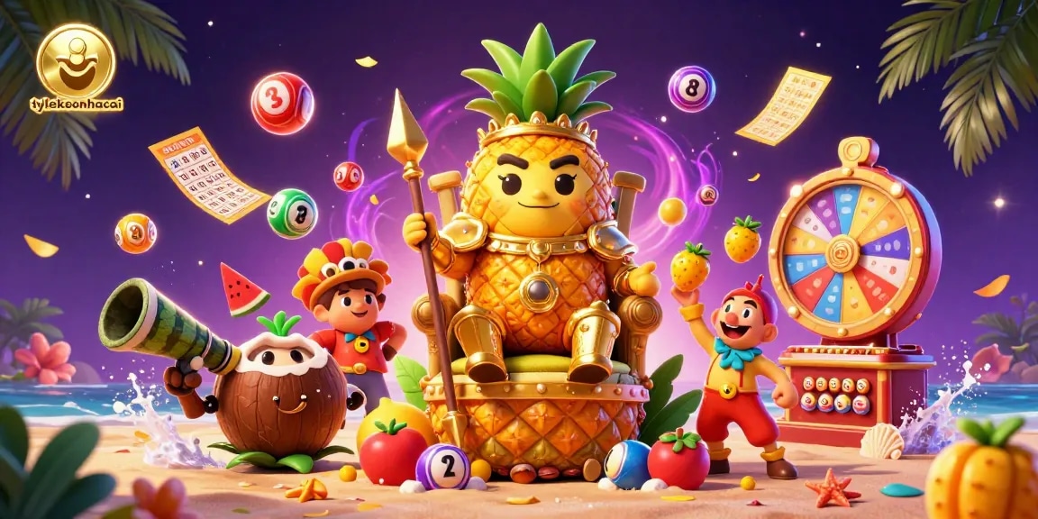 Engage with tylekeonhacai's dynamic beach casino scene featuring a golden pineapple king and vibrant lottery elements.