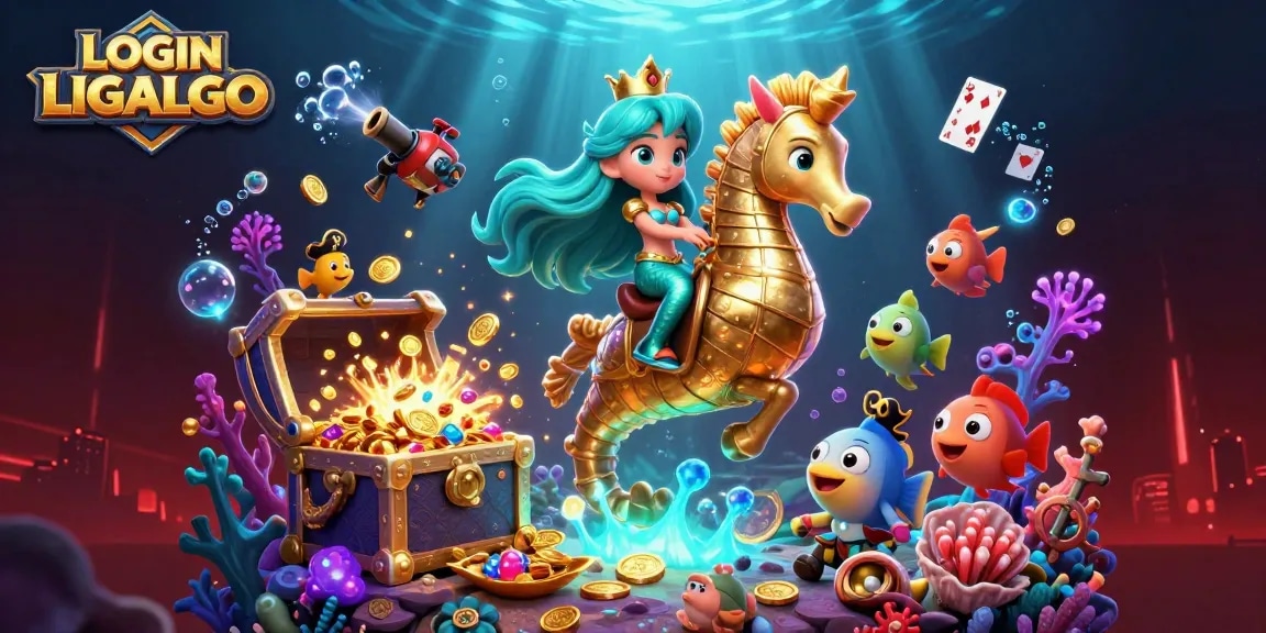 Engage in thrilling gameplay with LOGIN LIGALGO, featuring a vibrant 3D scene of a mermaid princess and magical underwater elements.