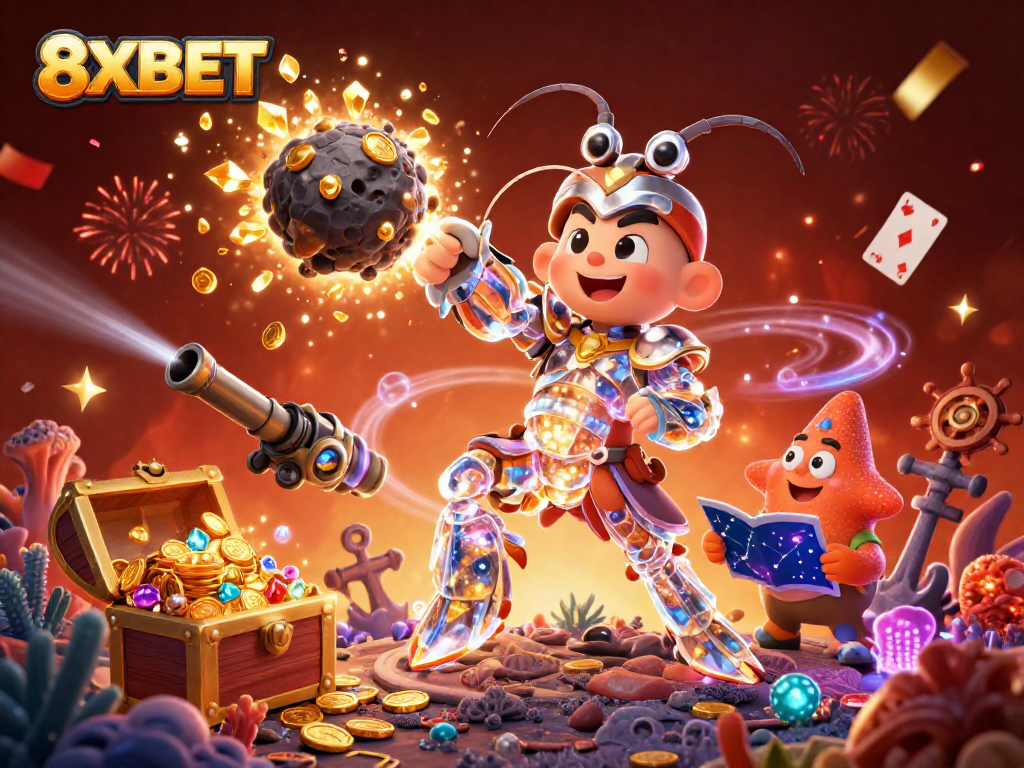 Experience thrilling gameplay with 8XBET's underwater treasure as characters interact with winning gems and coins.