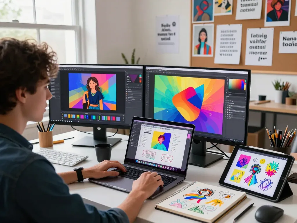 Creative workspace featuring an artist using Nano Banana 2 AI image editor on laptop with vibrant displays and sketches.