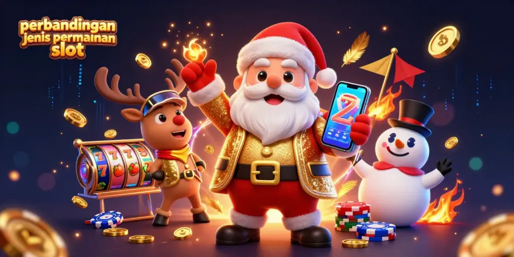 Menggambarkan perbandingan jenis permainan slot dengan Santa Claus, rusa, dan boneka salju di kasino, dikelilingi simbol permainan dan koin emas