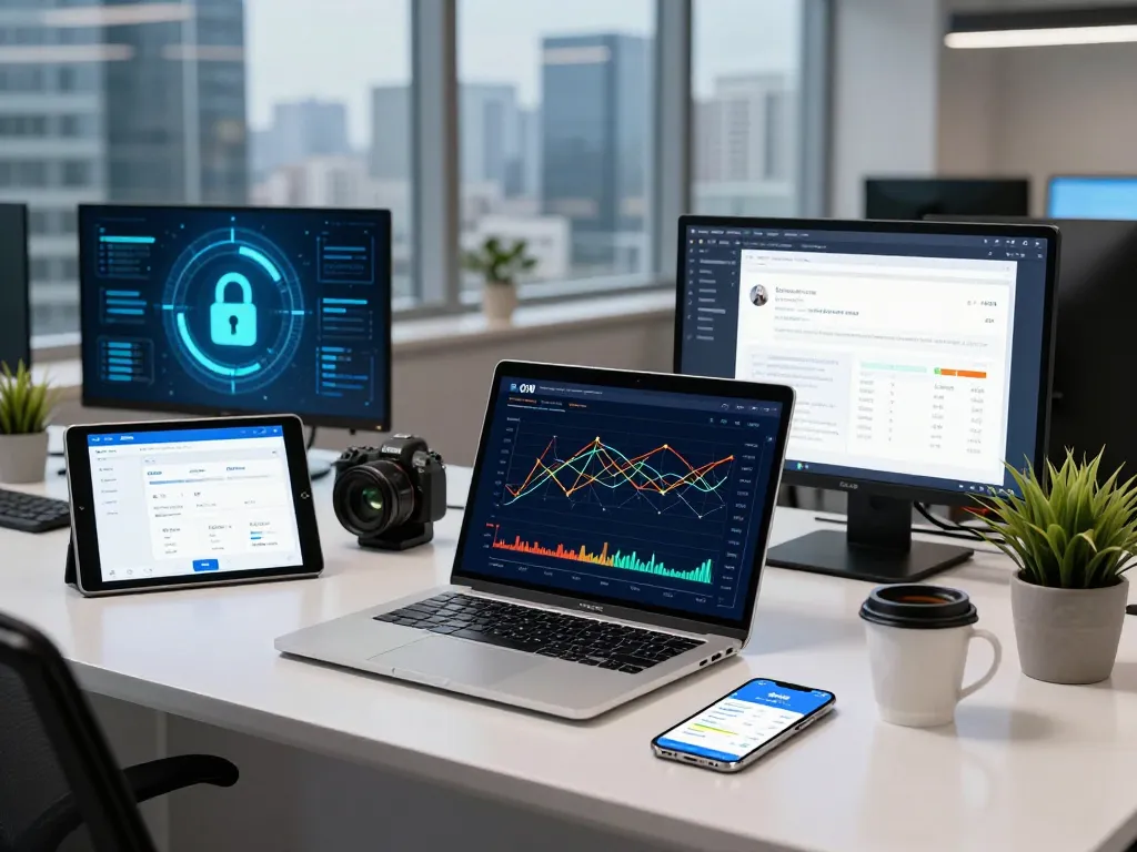 快连下载应用在现代科技工作空间中显示于多个设备上。