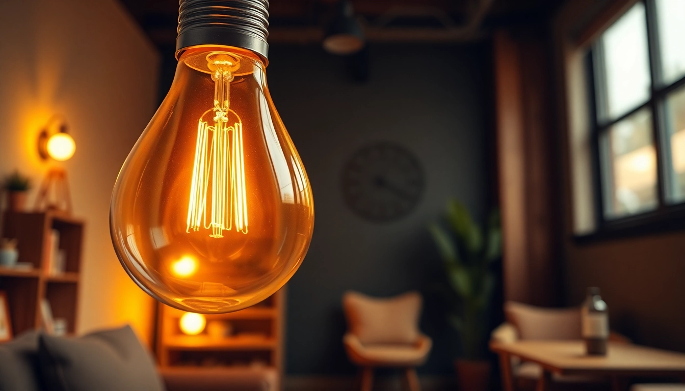 A19 light bulb illuminating a cozy room with warm ambient light, showcasing its unique filament design.