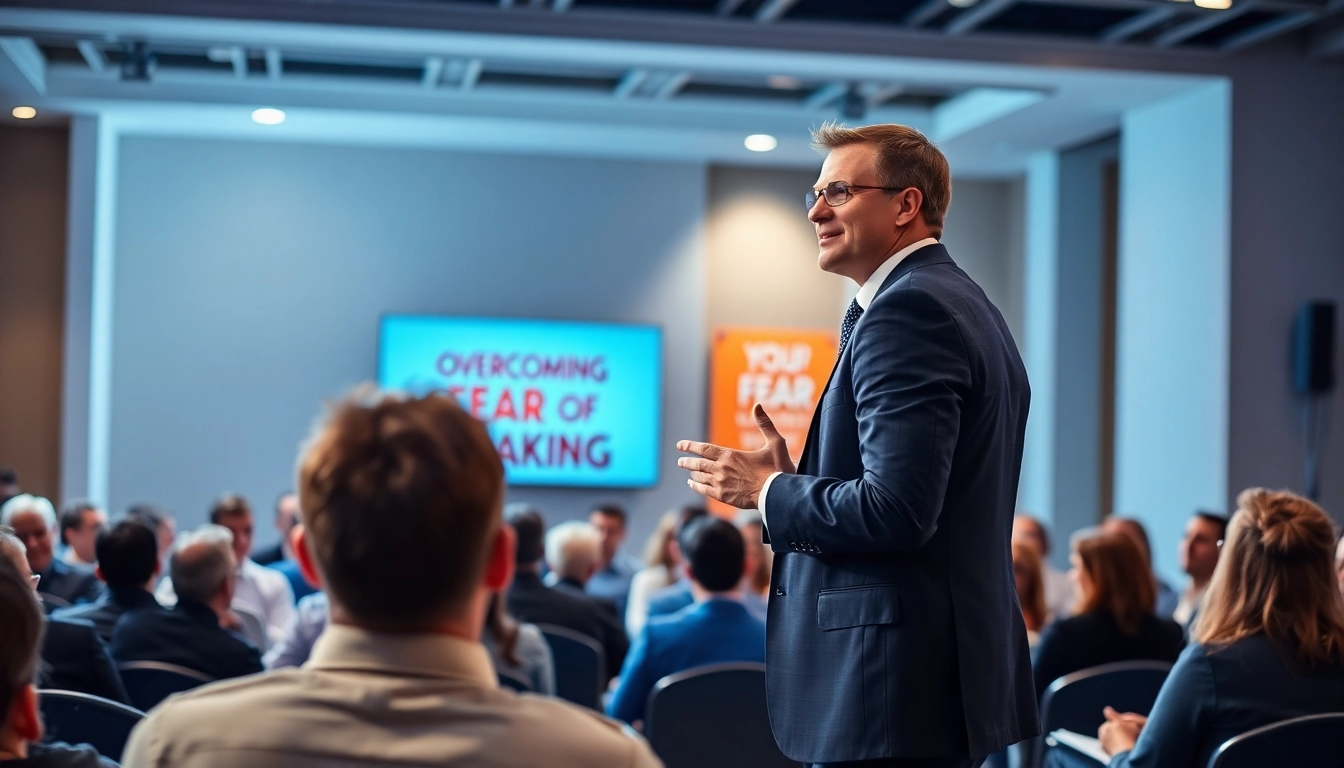 Overcoming Fear of Public Speaking shown through a confident speaker engaging an audience.