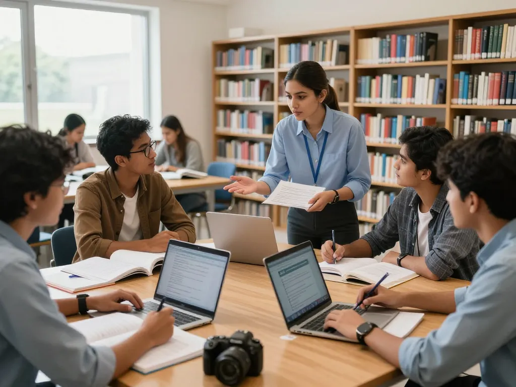The diverse group of students collaborating in a library, discussing the National University (Bangladesh) Certificate, creating an energetic academic environment.
