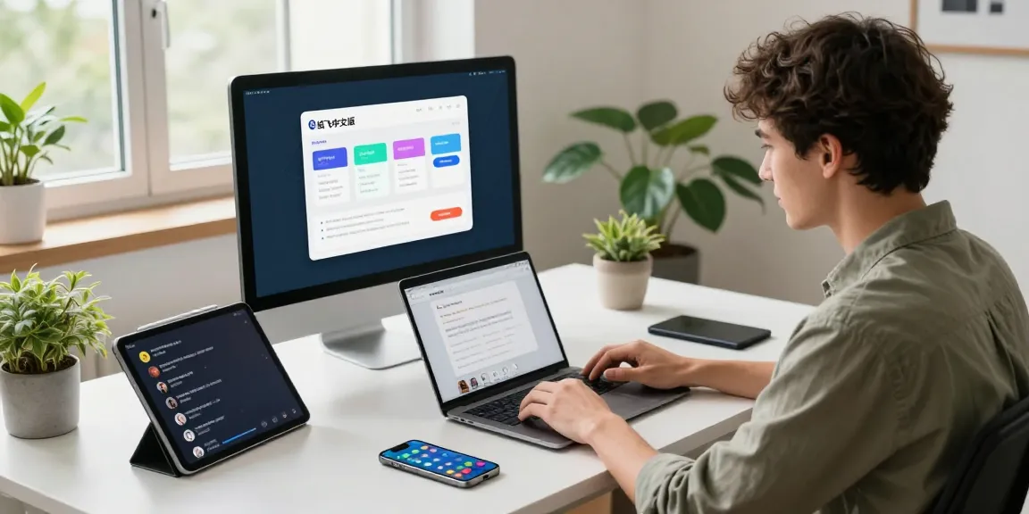 Dynamic workspace showcasing 纸飞机中文版 functionality with a professional engaging with tech devices.