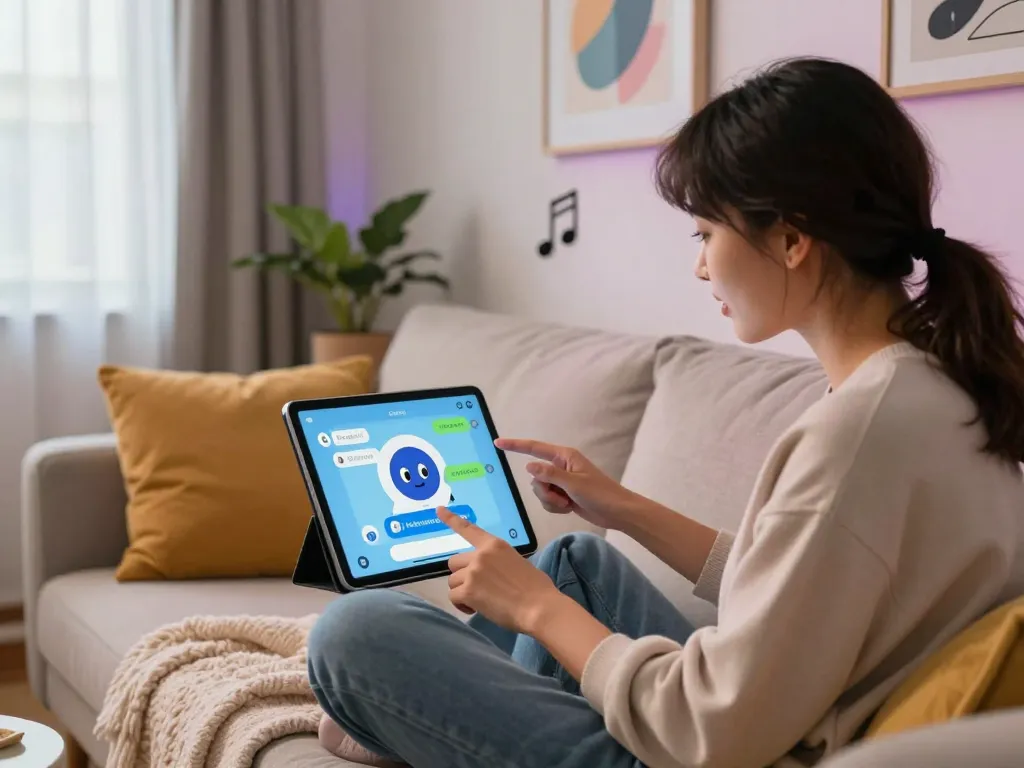 Engaging porn ai chat scene with animated chatbot interface in cozy home setting.