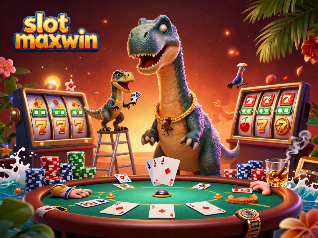 Engaging slot maxwin scene with a dinosaur and raptor at a poker table filled with gambling excitement.